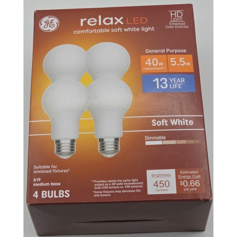 GE Relax 4-Pack 40 W Equivalent Dimmable Soft White A19 LED Light Fixture Bulb